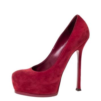 Pre Owned Saint Laurent Paris Red Suede Tribtoo Platform Pumps Size 39.5