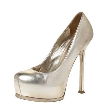 Pre Owned Saint Laurent Paris Pale Gold Leather Tribtoo Platform Pumps Size 37.5