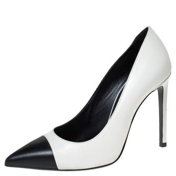 Pre Owned Saint Laurent Paris Two Tone Leather Cap Toe Pointed Pumps Size 36.5