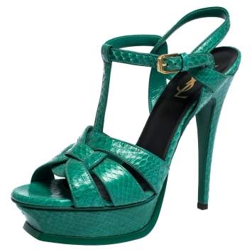 Pre Owned Saint Laurent Paris Green Python Tribute Platform Ankle Strap Sandals Size 39