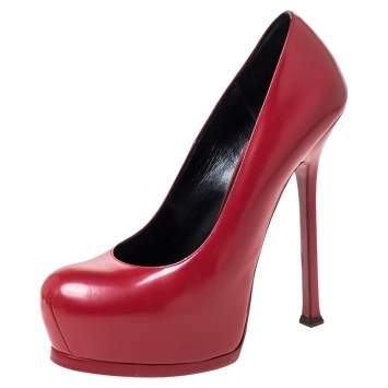 Pre Owned Saint Laurent Paris Red Leather Tribtoo Platform Pumps Size 38