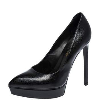 Pre Owned Saint Laurent Paris Black Leather Janis Pointed Toe Platform Pumps Size 37