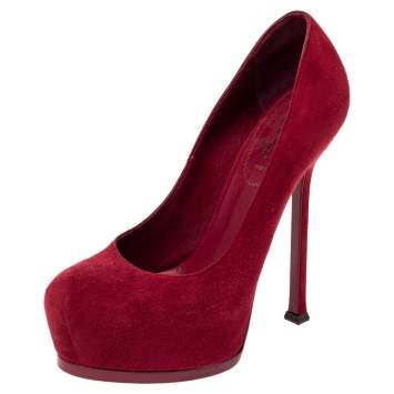 Pre Owned Saint Laurent Paris Red Suede Tribtoo Platform Pumps Size 36.5