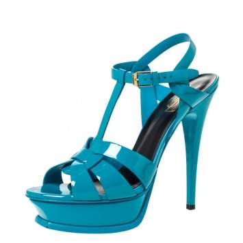 Pre Owned Saint Laurent Paris Turquoise Patent Leather Tribute Platform Sandals Size 39.5