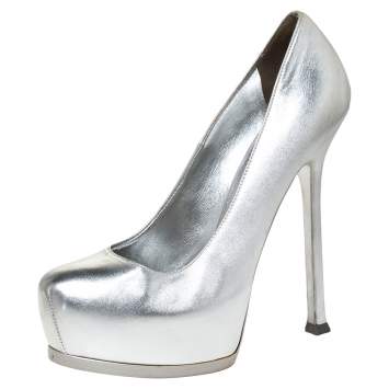 Pre Owned Saint Laurent Paris Metallic Silver Leather Tribtoo Platform Pumps Size 38.5