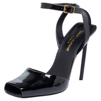Pre Owned Saint Laurent Paris Black Patent Leather Edie Ankle Strap Sandals Size 37.5