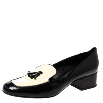 Pre Owned Saint Laurent Black/White Patent Leather Babies Tassel Loafers Size 38