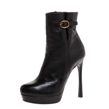 Pre Owned Saint Laurent Paris Black Leather Platform Ankle Boots Size 39