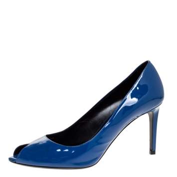 Pre Owned Saint Laurent Blue Patent Leather Escarpin Peep Toe Pumps Size 40