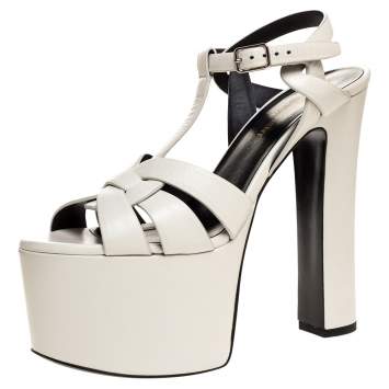 Pre Owned Saint Laurent Paris White Leather Platform Block Heel Ankle Strap Tribute Sandals Size 37.5