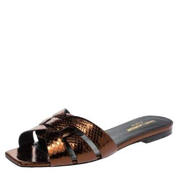 Pre Owned Saint Laurent Paris Bronze Snake Embossed Leather Tribute Flat Slides Size 37