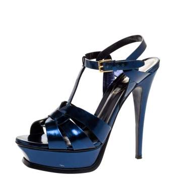 Pre Owned Saint Laurent Paris Metallic Dark Blue Leather Tribute Platform Sandals Size 38.5