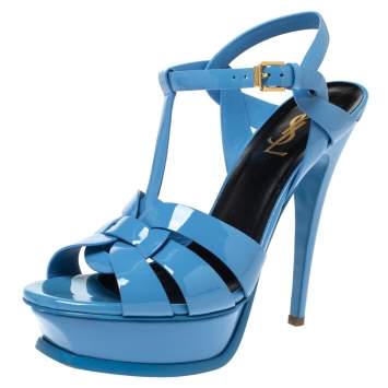 Pre Owned Saint Laurent Paris Blue Patent Leather Tribute Platform Sandals Size 38.5