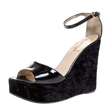 Pre Owned Saint Laurent Paris Black Patent And Embossed Velvet Wedge Platform Sandals 38