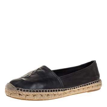 Pre Owned Saint Laurent Paris Black Leather Logo Embossed Espadrille Flats Size 37.5