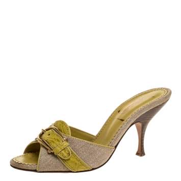 Pre Owned Yves Saint Laurent Grey Canvas And Yellow Croc Embossed Trim Buckle Detail Slide Mule Size 36.5