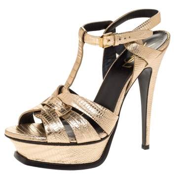 Pre Owned Saint Laurent Paris Metallic Gold Lizard Embossed Leather Tribute Sandals Size 38