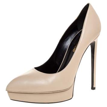 Pre Owned Saint Laurent Paris Off-White Leather Janis Pointed Toe Platform Pumps Size 38.5