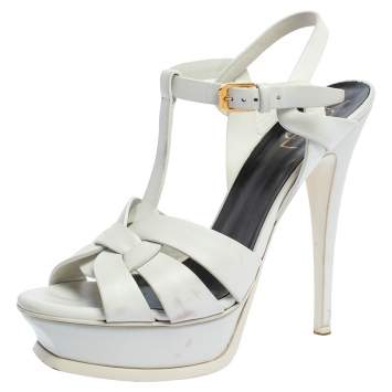 Pre Owned Saint Laurent White Leather Tribute Platfrom Sandals Size 38
