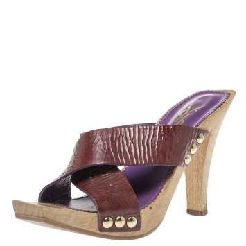 Pre Owned Saint Laurent Paris Burgundy Patent Cross Strap Wooden Slides Size 37