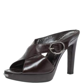 Pre Owned Saint Laurent Paris Dark Brown Leather Cross Strap Buckle Platform Slide Sandals Size 39