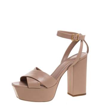 Pre Owned Saint Laurent Paris Beige Criss Cross Leather Farrah Platform Sandals Size 38.5