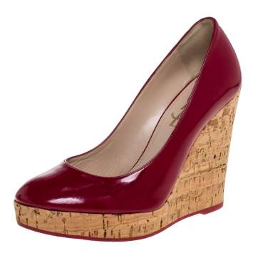 Pre Owned Saint Laurent Paris Red Patent Leather Wedge Pumps Size 37
