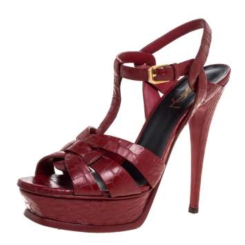Pre Owned Saint Laurent Paris Red Croc Embossed Leather Tribute Sandals Size 38