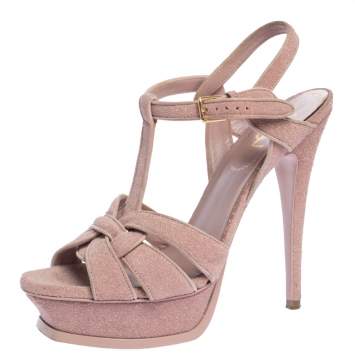 Pre Owned Saint Laurent Pink Quartz Textured Suede Tribute Platform Sandal Size 38.5