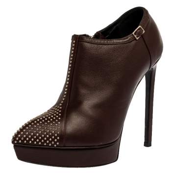 Pre Owned Saint Laurent Paris Brown Leather Studded Platform Ankle Booties Size 36