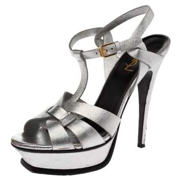 Pre Owned Saint Laurent Paris Metallic Silver Textured Leather Tribute Platform Sandals Size 39