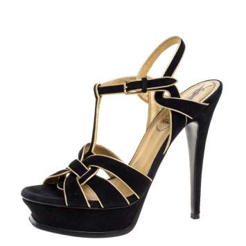 Pre Owned Saint Laurent Paris Black Suede Leather Tribute Platform Ankle Strap Sandals Size 39