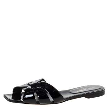 Pre Owned Saint Laurent Paris Black Patent Leather Tribute Flat Slides Size 39