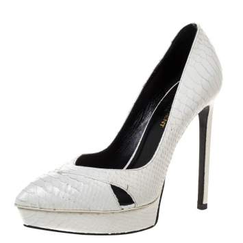Pre Owned Saint Laurent White Leather Janis Cut Out Platform Pumps Size 37