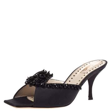 Pre Owned Saint Laurent Paris Black Satin Beaded Embellished Vintage Open Toe Sandals Size 38.5