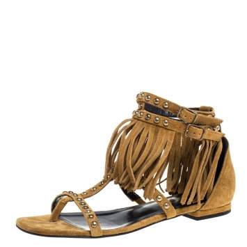 Pre Owned Saint Laurent Paris Beige Suede Fringed Ankle Strap Flats Size 36