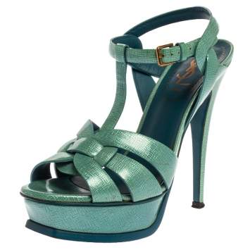 Pre Owned Saint Laurent Paris Blue Textured Patent Leather Tribute Sandals Size 37.5