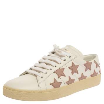 Pre Owned Saint Laurent Paris White/Beige Leather Star Alpha Low Top Sneakers Size 37.5