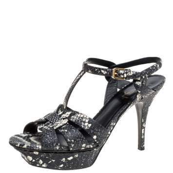 Pre Owned Saint Laurent Paris Black/White Snakeskin Effect Leather Tribute Platform Sandals Size 39.5
