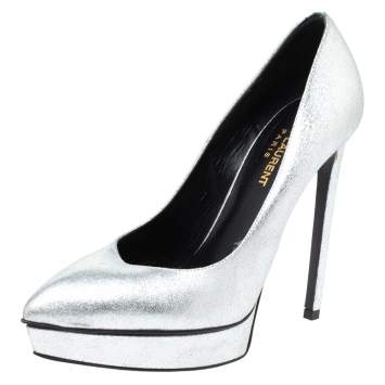 Pre Owned Saint Laurent Paris Metallic Silver Leather Janis Platform Pumps Size 37.5