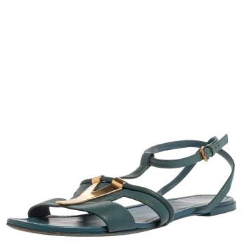 Saint Laurent Paris Blue Leather Ycon Ankle Strap Flats Size 38