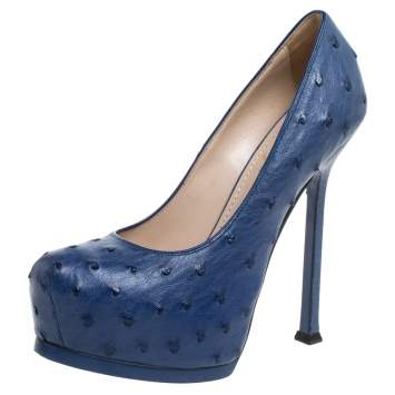 Pre Owned Saint Laurent Paris Blue Ostrich Leather Tribtoo Platform Pumps Size 36