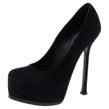 Pre Owned Saint Laurent Paris Black Suede Tribtoo Platform Pumps Size 36.5