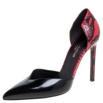 Pre Owned Saint Laurent Paris Black/Red Textured Leather D'orsay Pumps Size 37