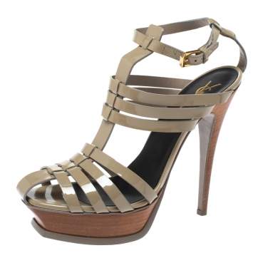 Pre Owned Saint Laurent Paris Grey Patent Leather Tribute Gladiator Platform Sandals Size 39.5