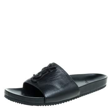 Pre Owned Saint Laurent Paris Black Leather Logo Slide Sandals Size 39