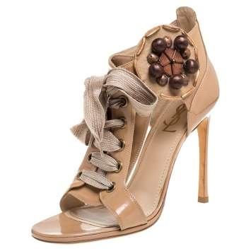 Pre Owned Saint Laurent Beige Patent Leather Embellished Lace Up Booties Size 39