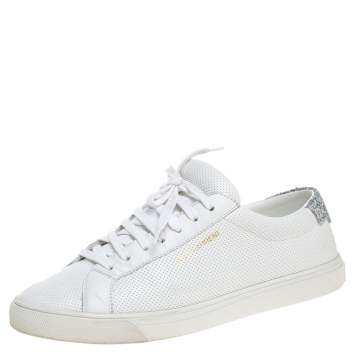 Pre Owned Saint Laurent White Perforated Leather Glitter Andy Low Top Sneakers Size 38