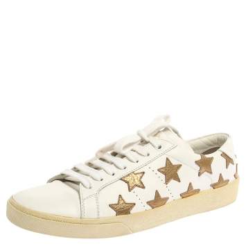 Pre Owned Saint Laurent White/Gold Leather Star Court Classic California Sneakers Size 40