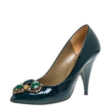Pre Owned Saint Laurent Green Patent Leather Stone Embellished Pumps Size 37.5